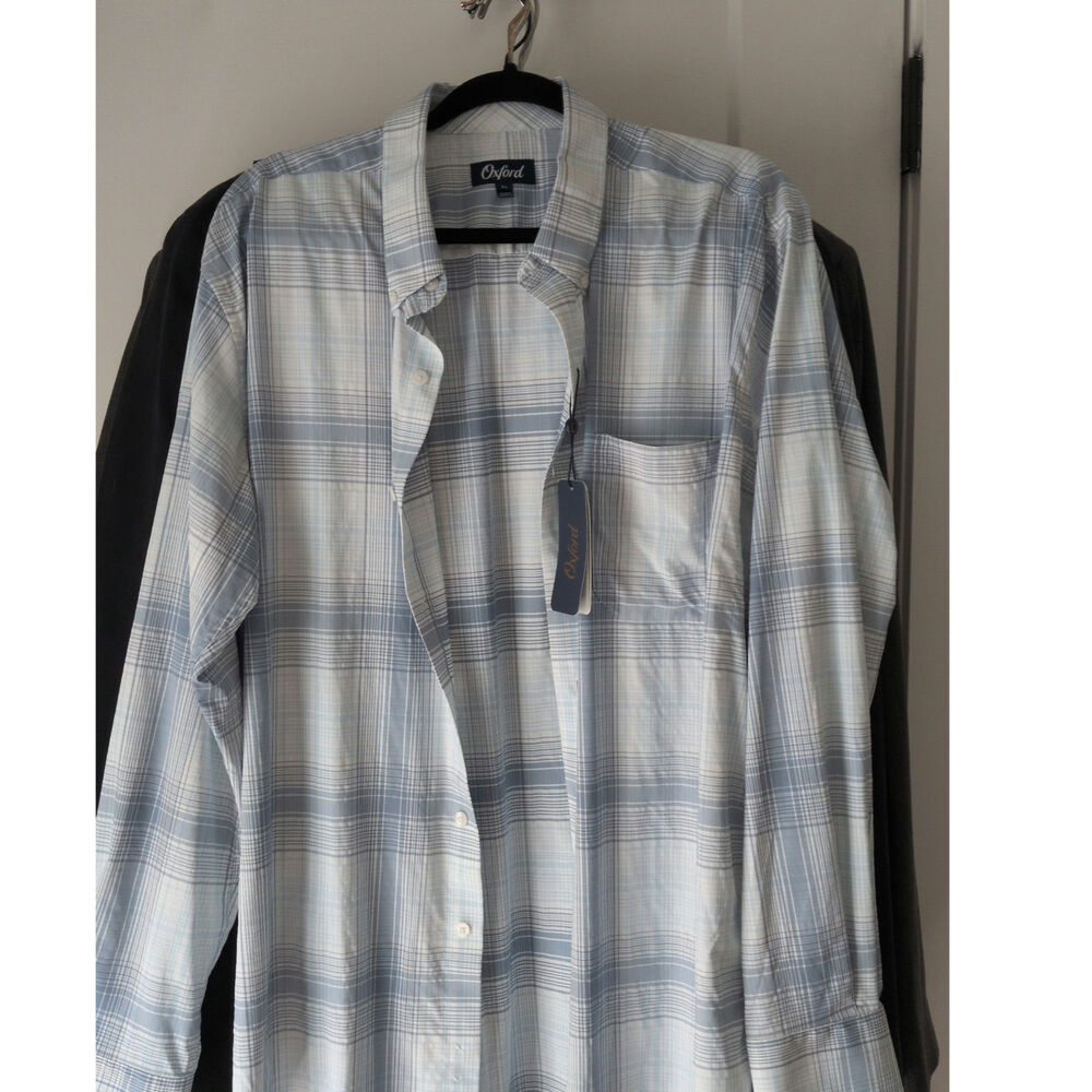 NWT Oxford Men’s XL Plaid Long Sleeve Button-Down Shirt Light Blue White Casual
